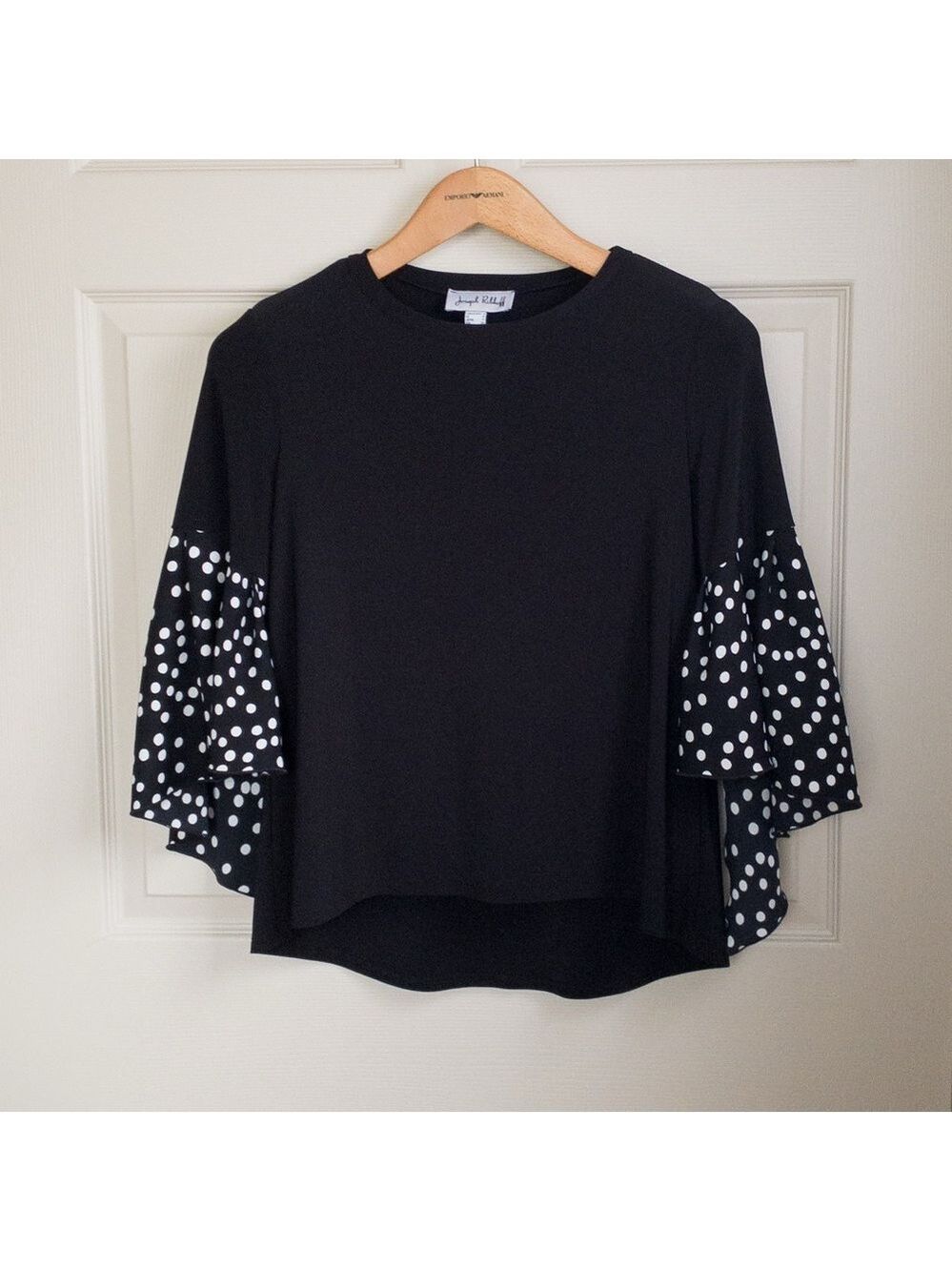 Joseph Ribkoff Black Tunic Top Blouse Polka Dot Flare Bell Sleeve Women’s Size 8